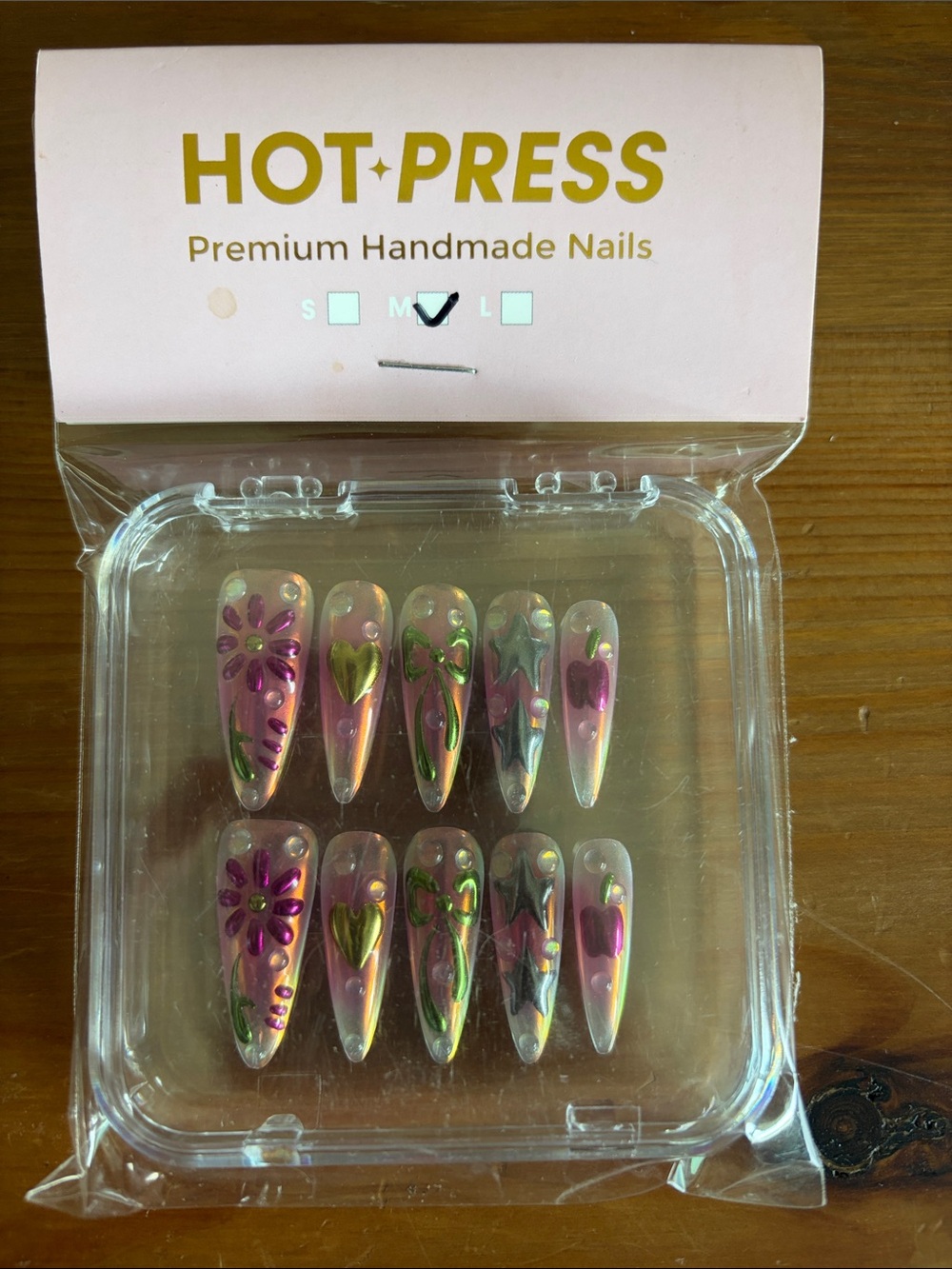 Pink Iridescent Floral & Heart Press-On Nails
